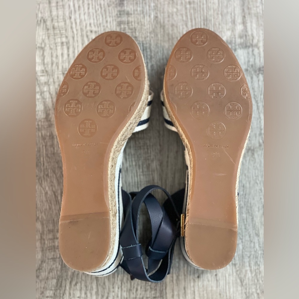 Tory Burch Navy and White Striped Espadrille Wedge Sandals - Picture 7 of 11